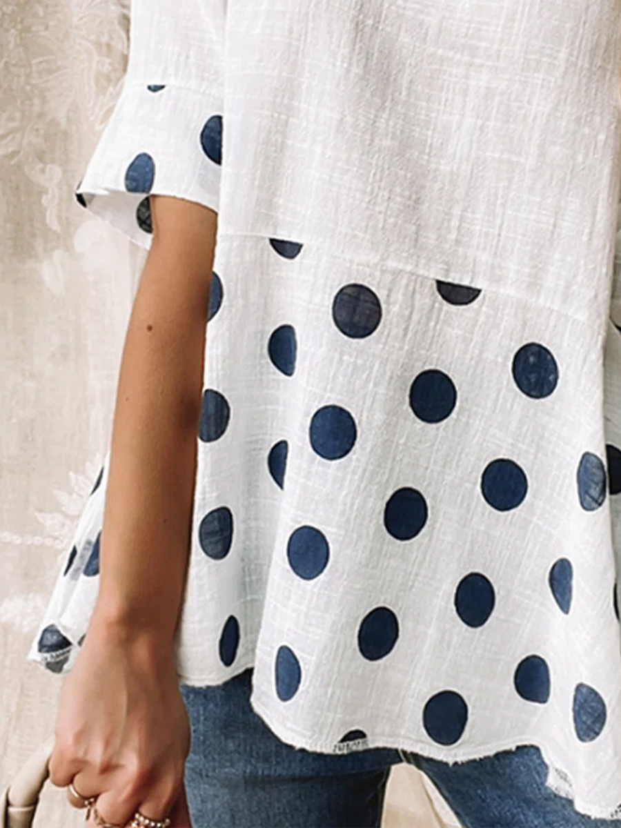 Vintage Polka Dot Print Crew Neck Short Sleeves Blouse