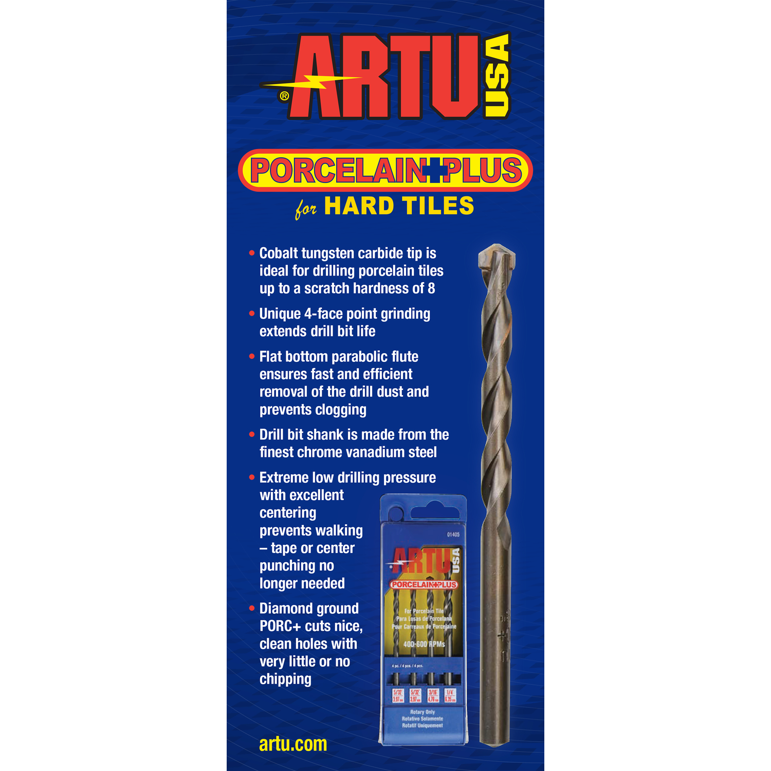 ARTU Porcelain Plus Tungsten Carbide Tipped Glass and Tile Bit Set 4 pc