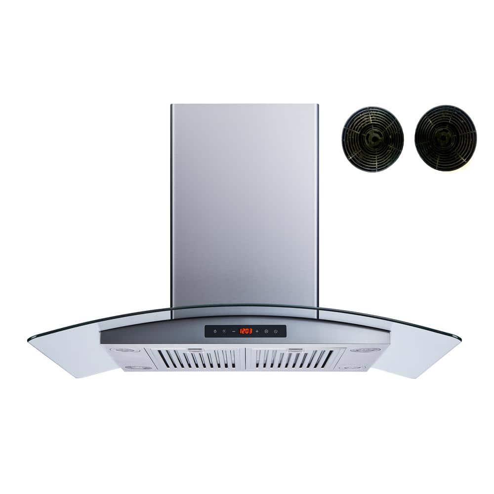 Winflo 36 in Convertible Island Mount Range Hood in Stainless Steel and Glass with Touch Control Baffle and Carbon Filters