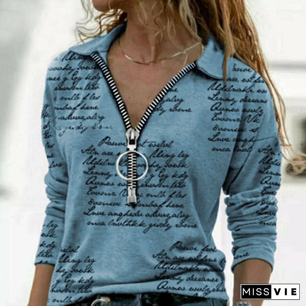 Fashion Women's Fashion V Neck Long Sleeve Tops Ladies Casual Shirts Zipper Letter Print Tops Blouse Plus Size S-5XL