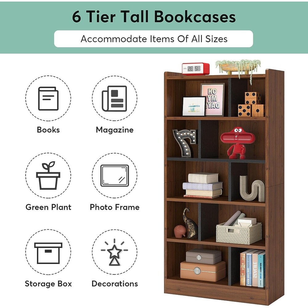 72 Inch Tall Bookcase  6 Tier Cube Bookshelf Storage Organizer for Home Office  Library