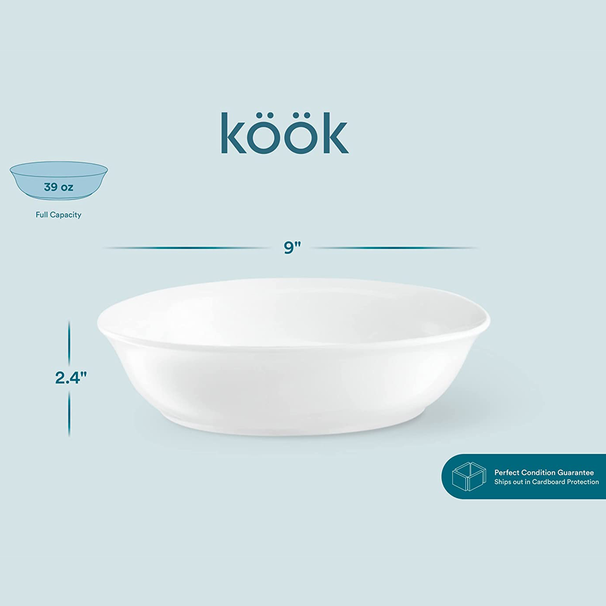 Kook 6-Pc Porcelain Ceramic Pasta Bowl Set 39 Oz Stoneware Serving Bowls for Kitchen