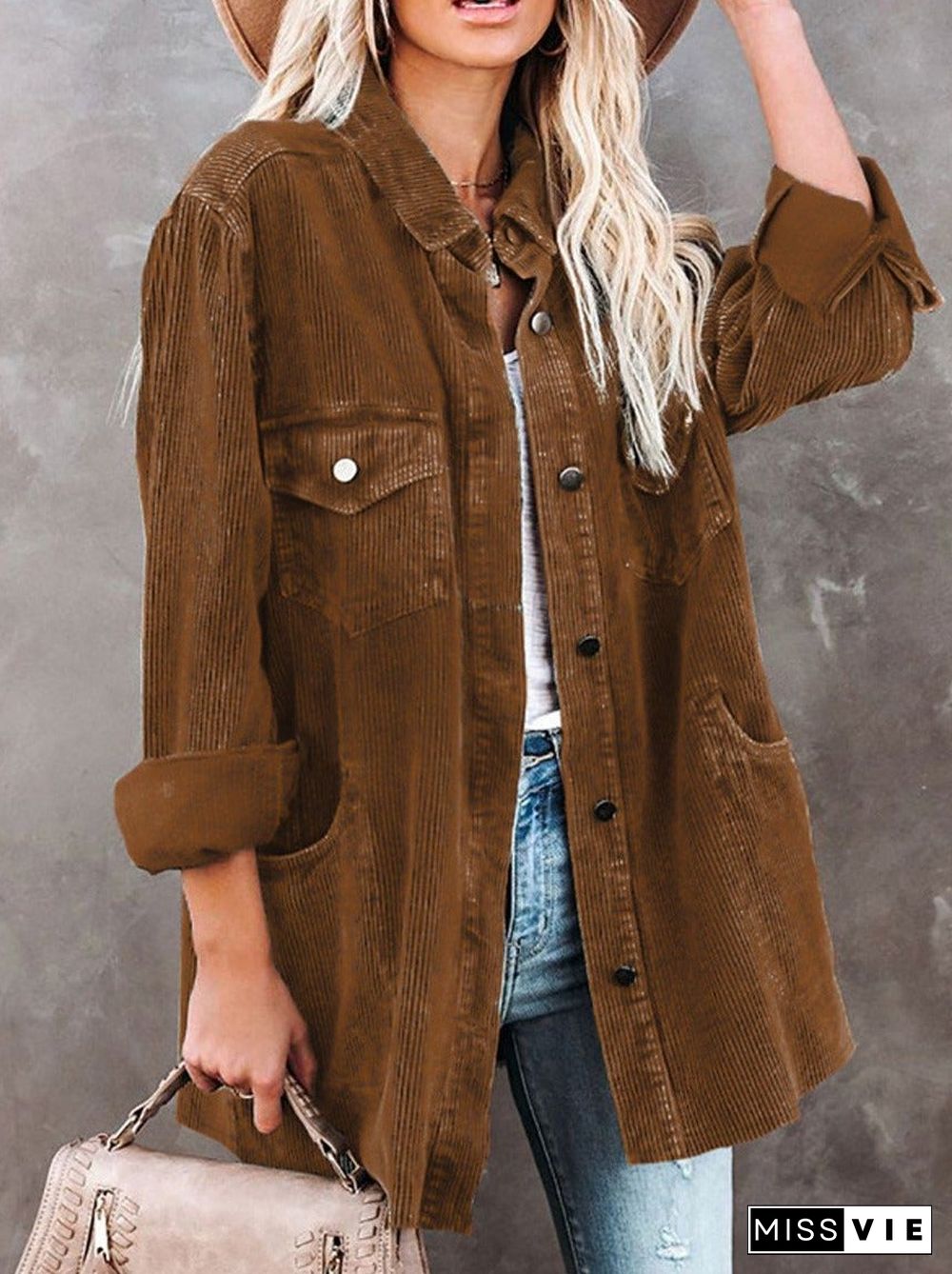 Casual Button And Pocket Corduroy Jacket Women