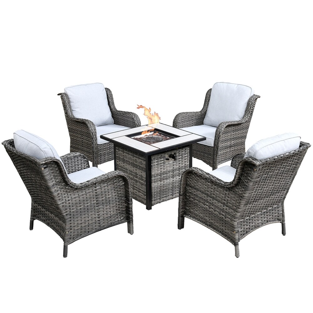 OVIOS Rattan Wicker 5 piece Patio Furniture Set Single Chairs With Fire Pit