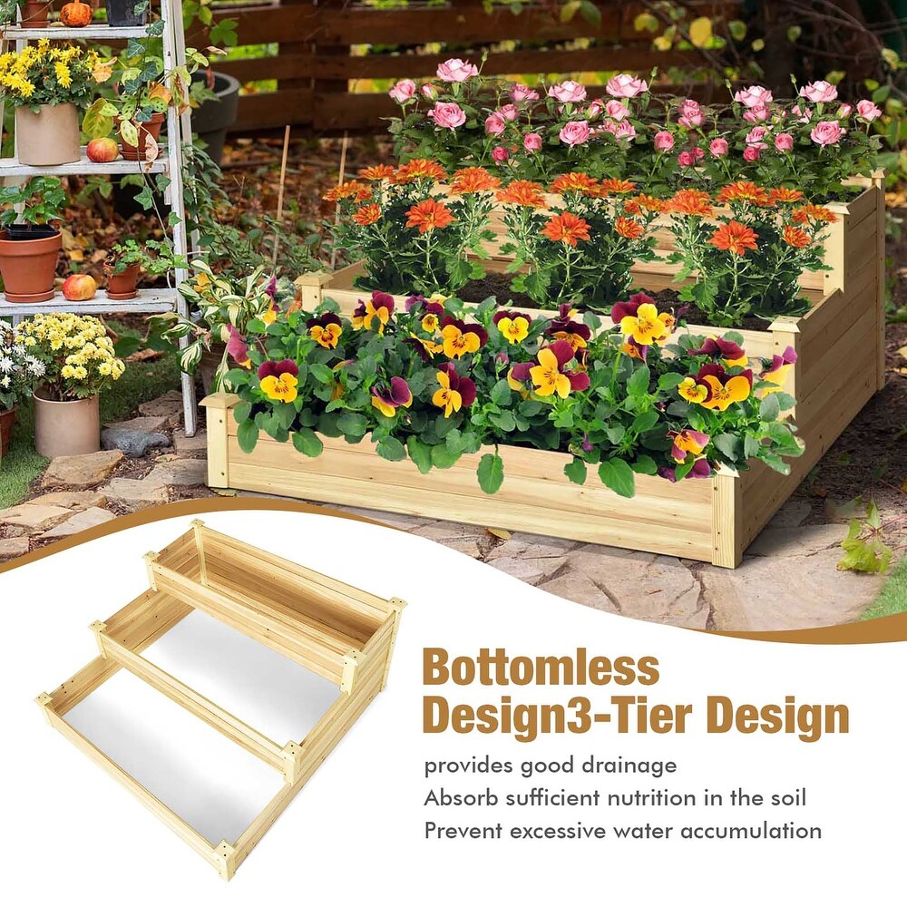 Costway 3 Tier Raised Garden Bed Wood Planter Kit for Flower Vegetable   48'' x 48'' x 22''