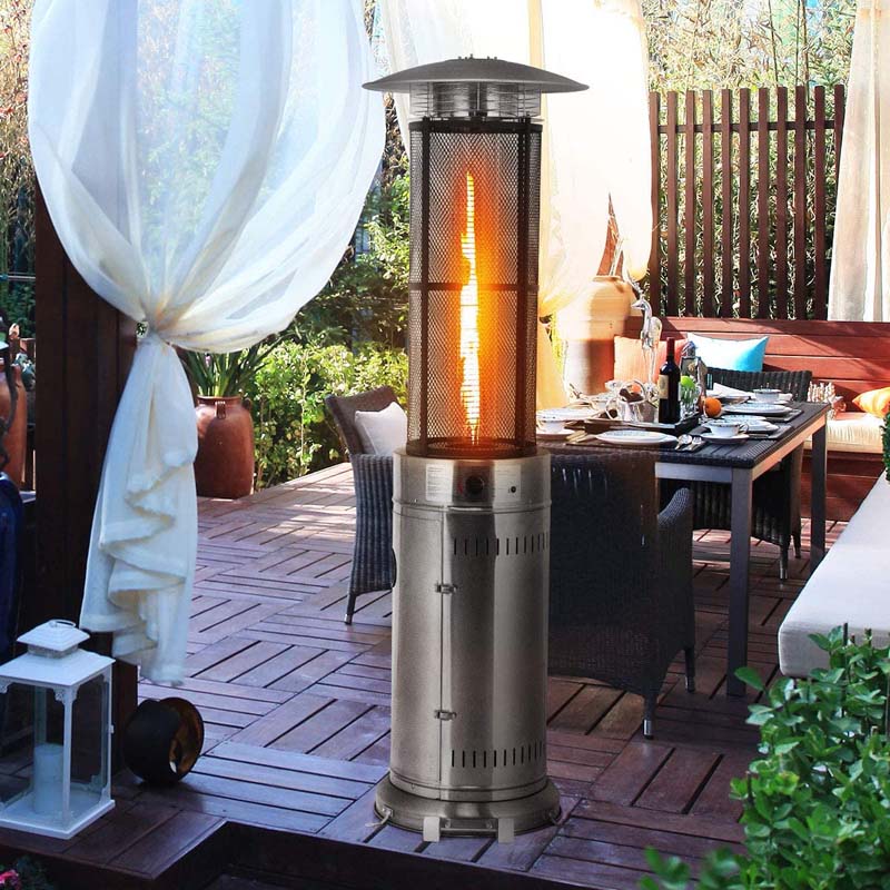 34,000BTU Standing Propane Patio Heater with Wheels, Stainless Steel Round Glass Tube Gas Outdoor Heater