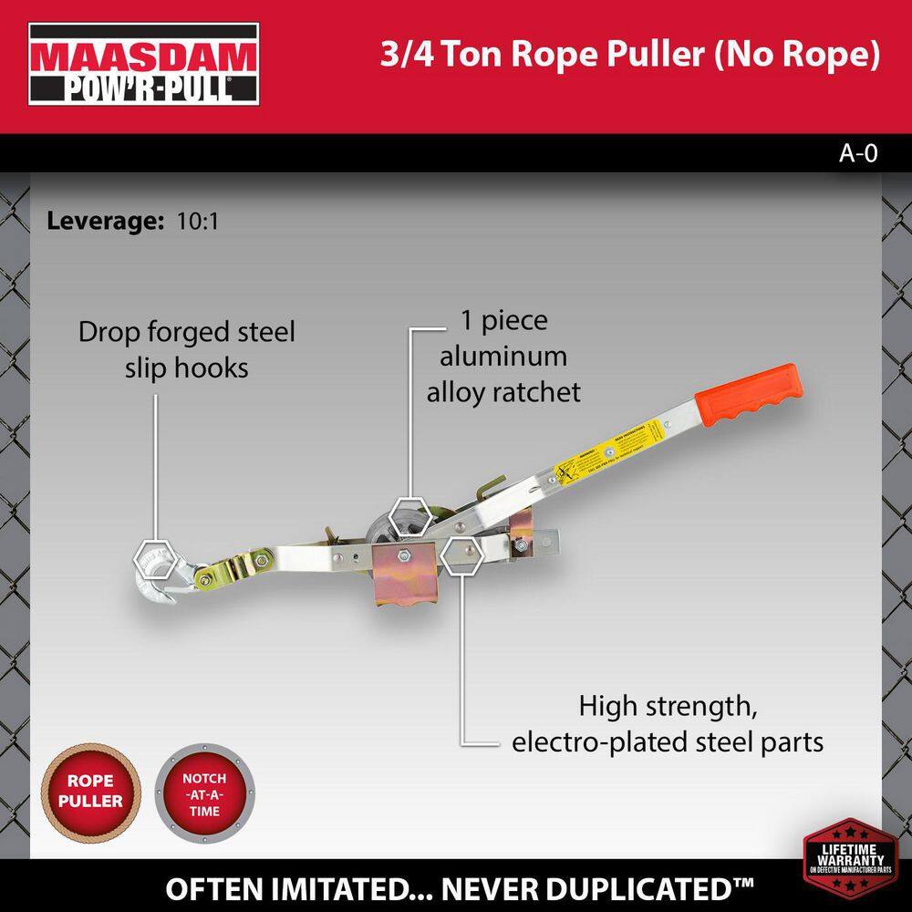 Maasdam Pow'R Pull 1500 lb. 34-Ton Capacity 10:1 Leverage Rope Puller Come Along Tool Rope Not Included A-0