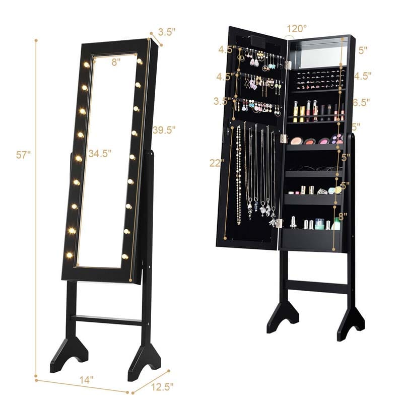 18 LEDs Large Standing Jewelry Armoire Cabinet with Full Length Mirror, 16 Lipstick Holder, 1 Inside Makeup Mirror