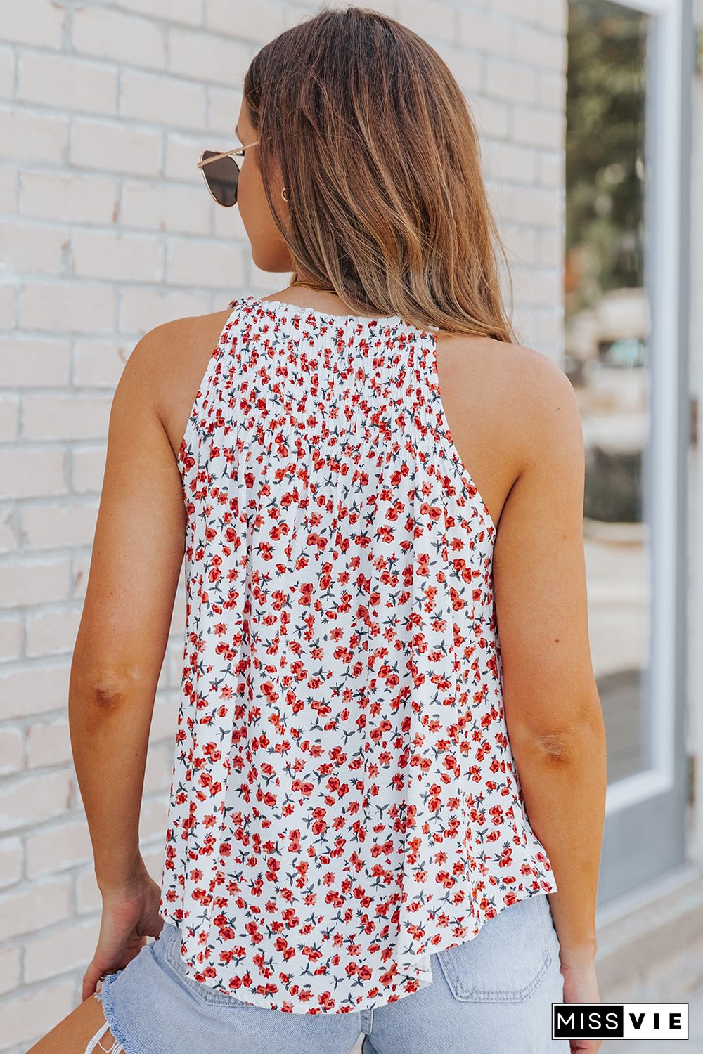 Floral Print Tassel Drawstring Lace-up Tank Top