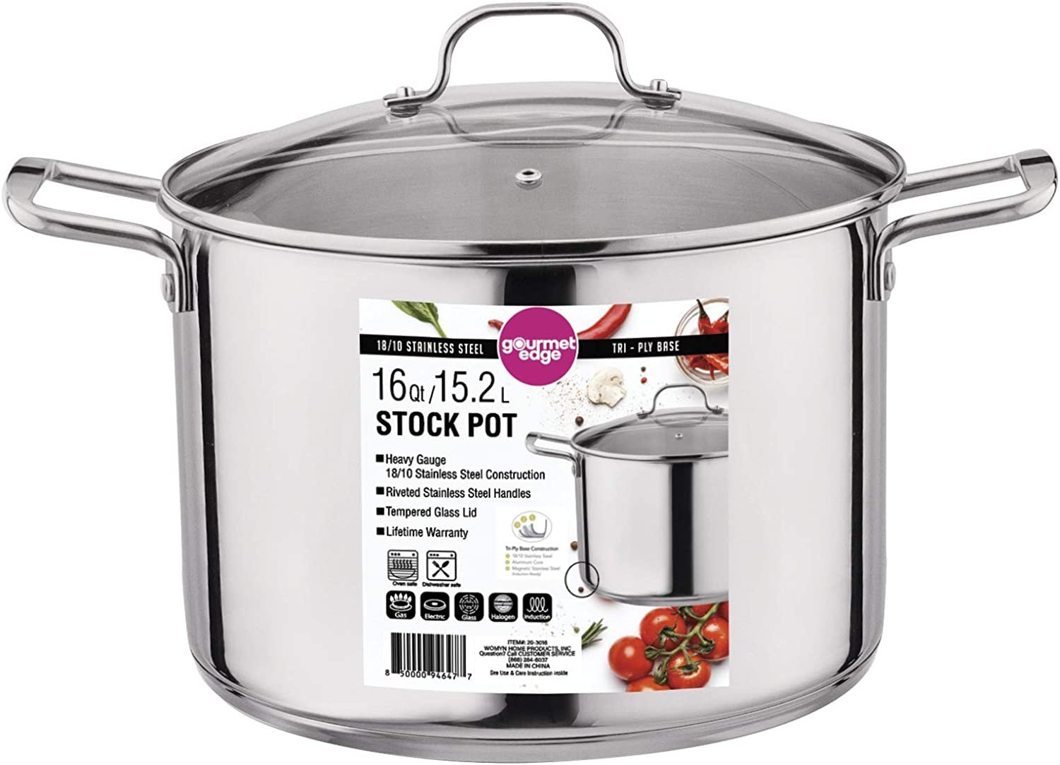 Gourmet Edge 16-Quart Stock Pot - Stainless Steel Soup Pots with Lid as Dishwasher and Oven Safe Cookware， Silver