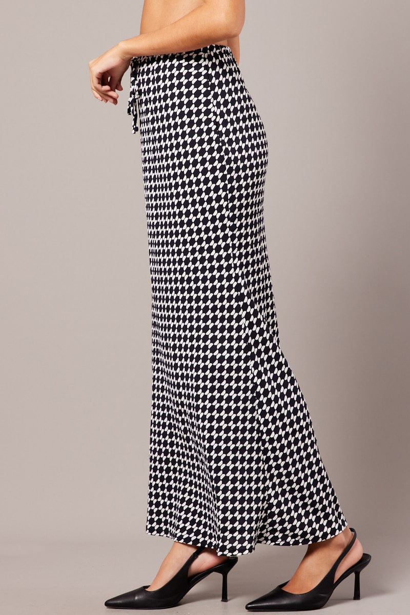 Black Geo Slip Skirt Maxi Drawstring Waist