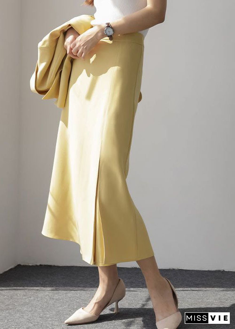 Yellow Front Open Cotton Maxi Skirt Wrinkled Spring