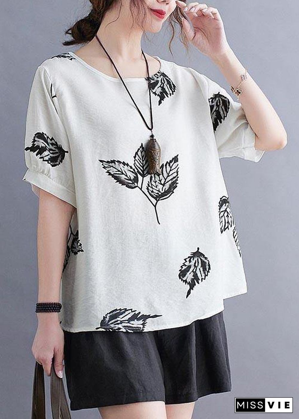 Beautiful White Print leaf Shirt Tops Summer Cotton Linen