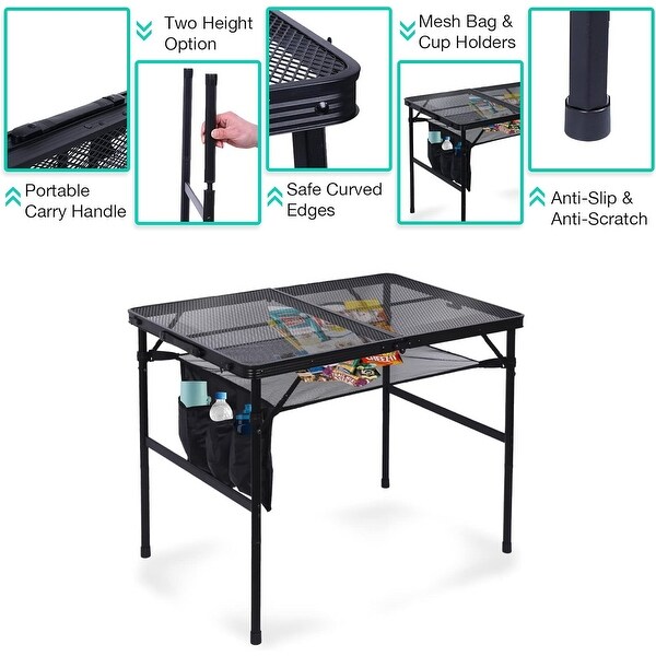 Grill Table，Outdoor Table，Card Table，Portable Grill Table，Adjustable Heights Camping Table with Mesh Bag and Cup Holders