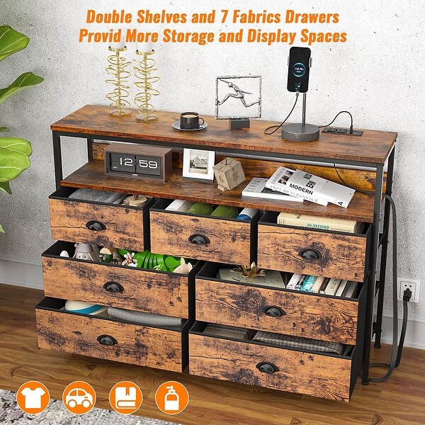 Dresser TV Stand with Power Outlets， Console Sofa Table with 7 Fabric Drawers and Shelves， Entertainment TV Media Center