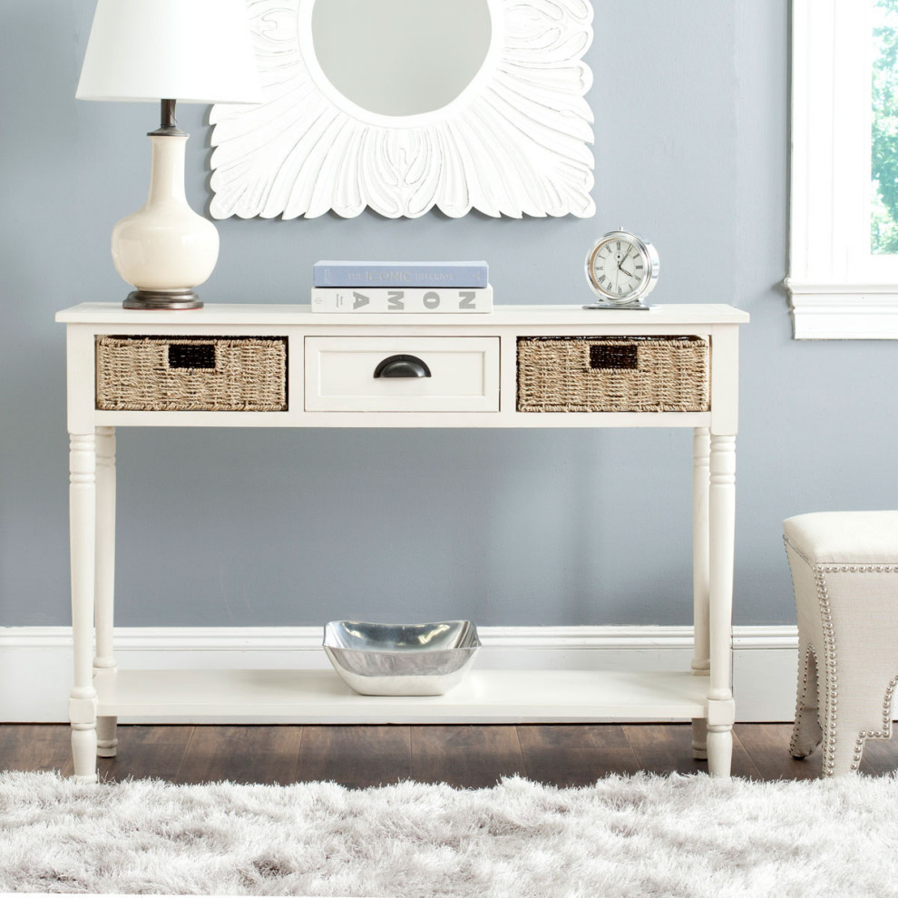 Rosa Wicker Console Table With Storage White   Traditional   Console Tables   by Rustic Home Furniture Deco  Houzz