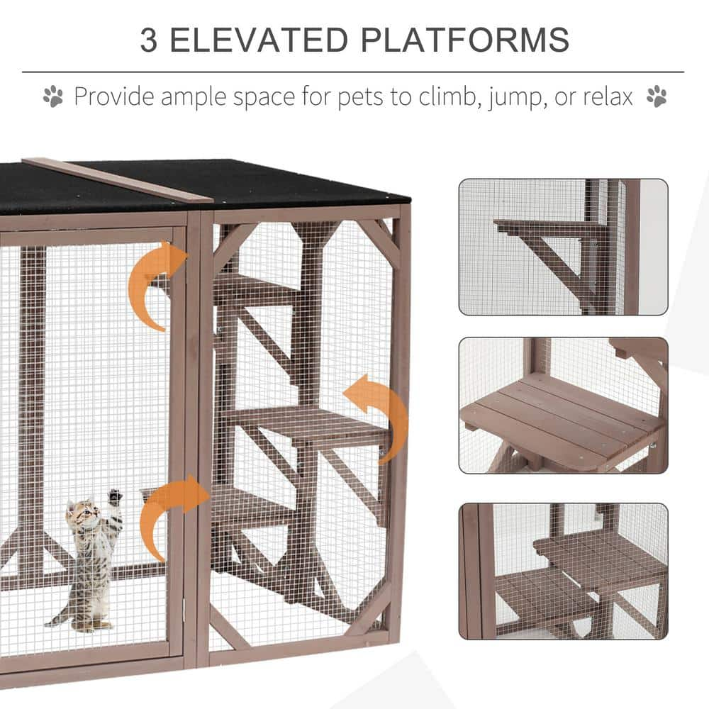 PawHut 71 in. L Orange Wooden Outdoor Cat House with Asphalt Roof, Multi-Level Platforms, and Large Enter Door D32-002OG