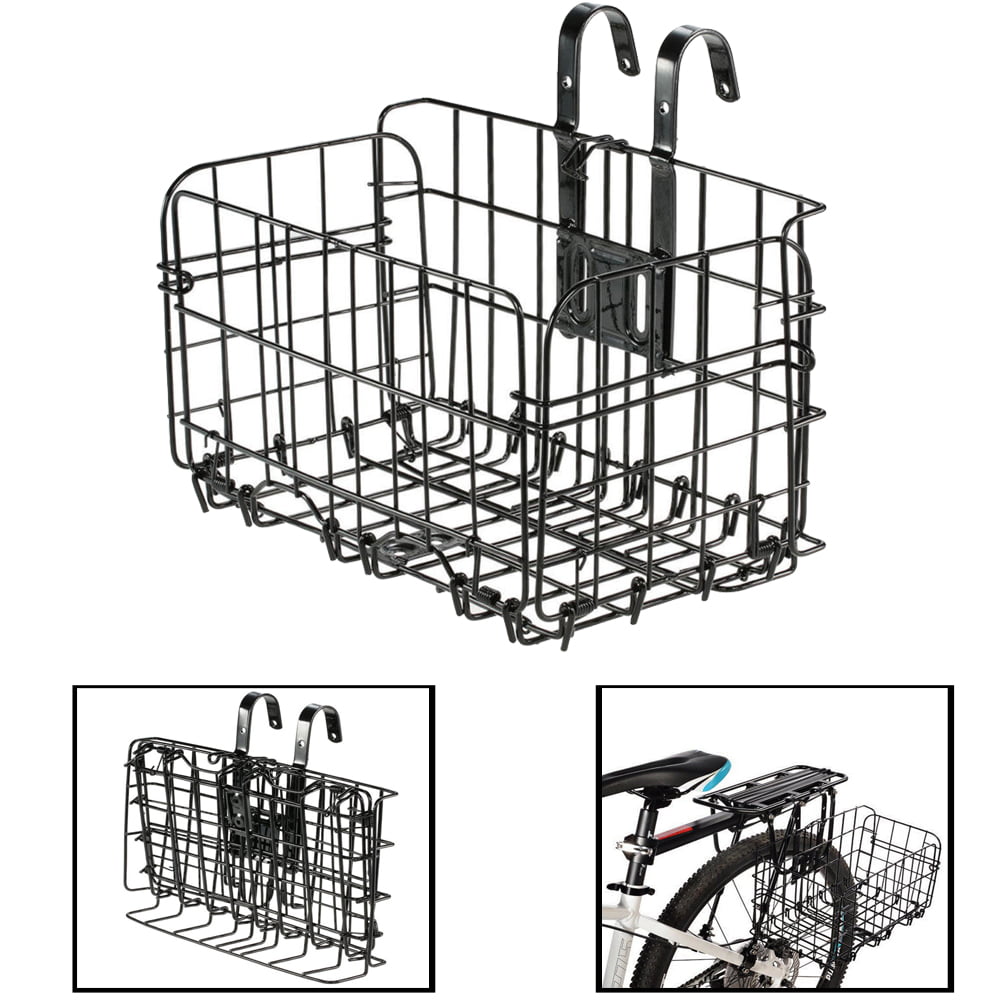 Pixnor Folding Rear Bike Basket Wire Mesh Fold-up， Detchable Front Bag Rear Hanging Basket Bicycle Bag Cargo Rack for Mountain Bike Accessories， Bike Frame Basket， Black