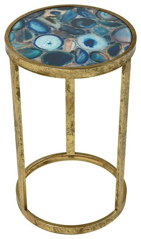 Rustic Glass Top Accent Table  Blue Agate Finish Metal Drum Base 11.75 quot  Contemporary   Side Tables And End Tables   by Bailey Street Home  Houzz