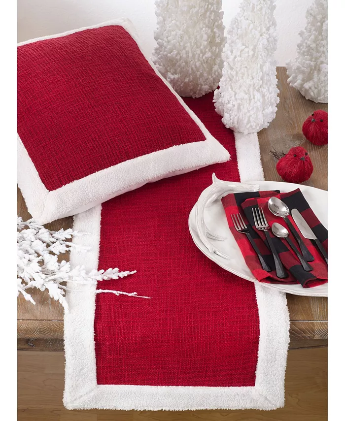 Saro Lifestyle Cotton Red Christmas Runner with Sherpa Edges