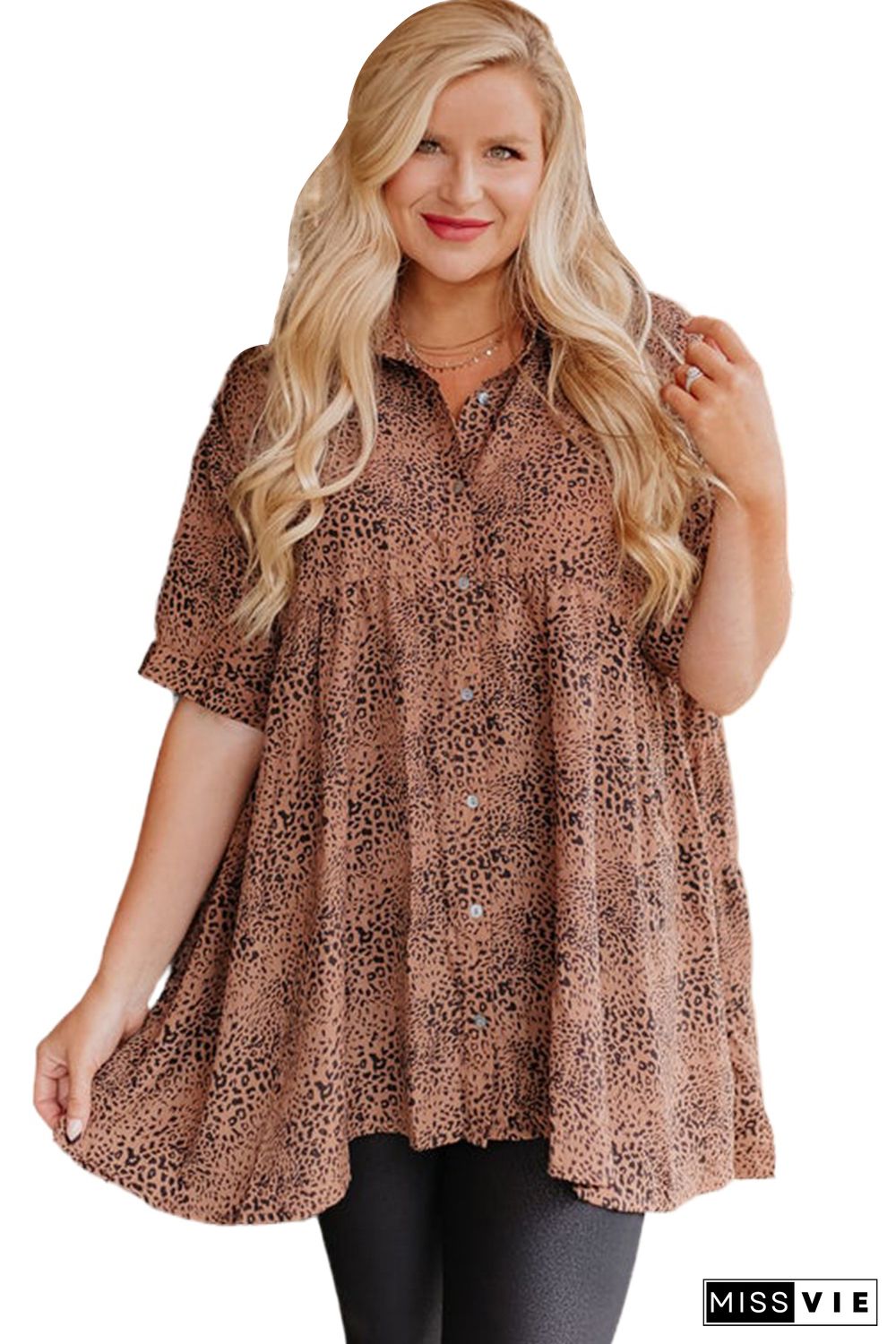 Leopard Print Short Sleeve High Low Plus Size Top