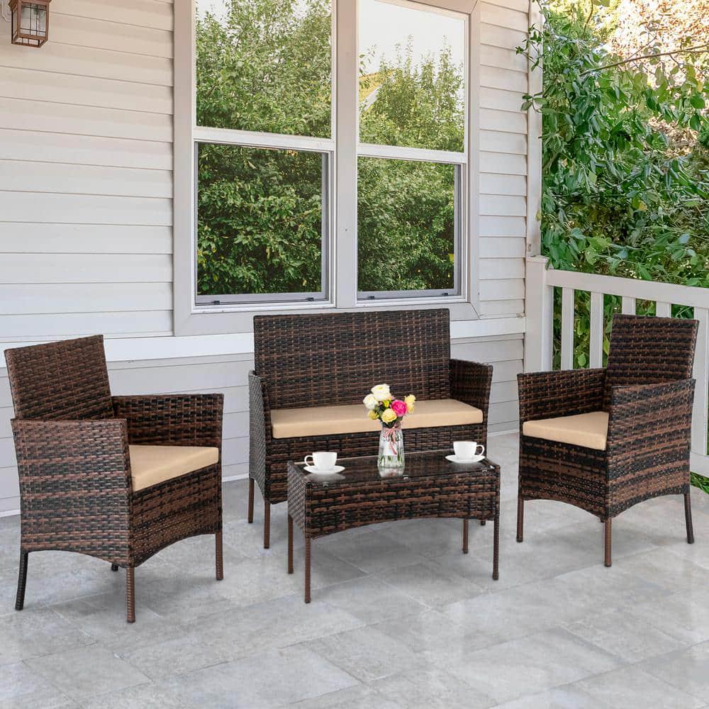 Karl home 4Piece Wicker Patio Conversation Set with Beige Cushions