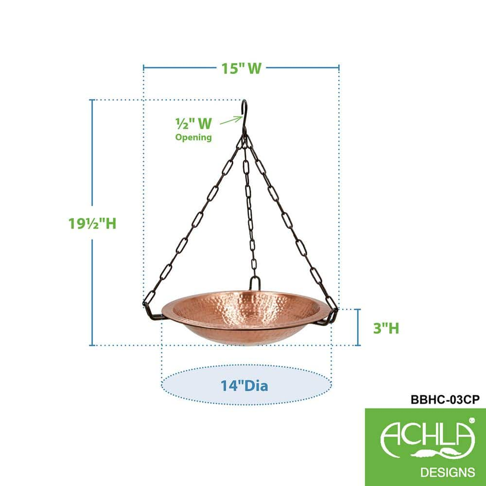 ACHLA DESIGNS 19.5 in. H Round Satin and Black Solid Copper/Wrought Iron Hanging Birdbath Bowl， Garden Accent， Outdoor Accessory BBH-03CP