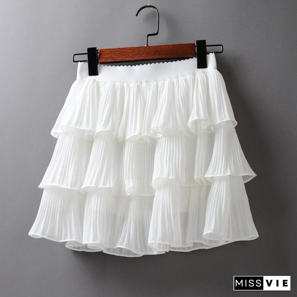 Summer Women Elasticity Waist Mini Skirt Ladies Chiffon Skirt Ladies Casual Cake Skirts Pleated Skirts-G140