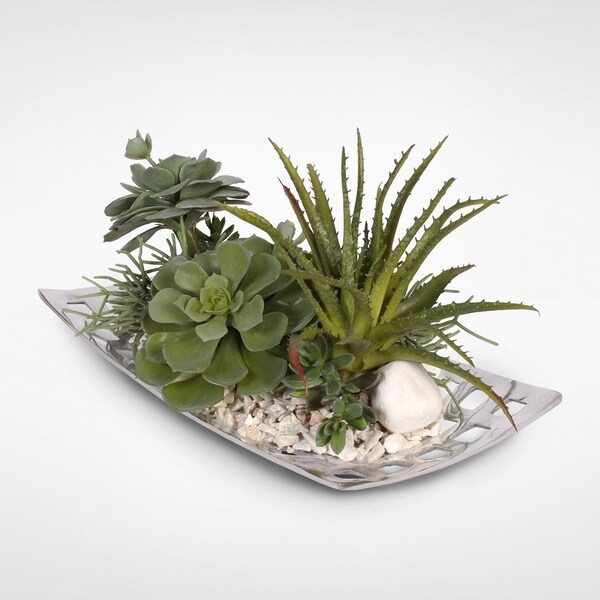 Artificial Succulents with Natural Pebbles in an Aluminum Tray