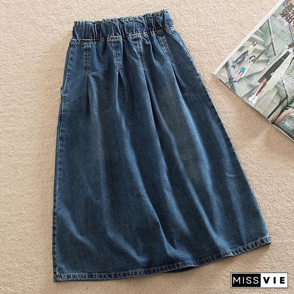 New Women Skirts Summer Lace Up Elastic Waist Denim Skirts Loose Casual Female A-Line Skirts Jeans Saia Faldas Plus Size7Xl