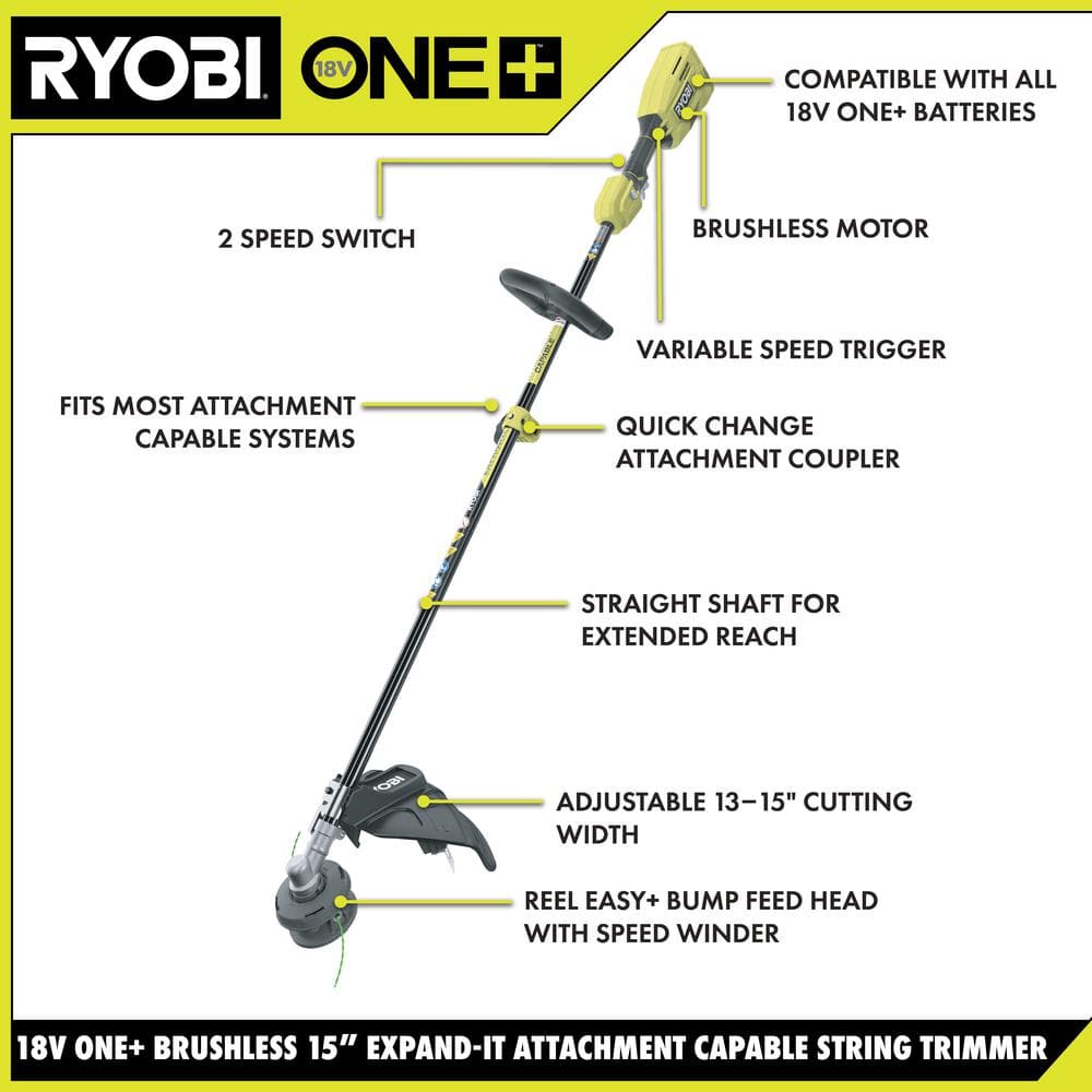 RYOBI ONE+ 18V Brushless 15 in. Cordless Attachment Capable String Trimmer with 4.0 Ah Battery and Charger P20110