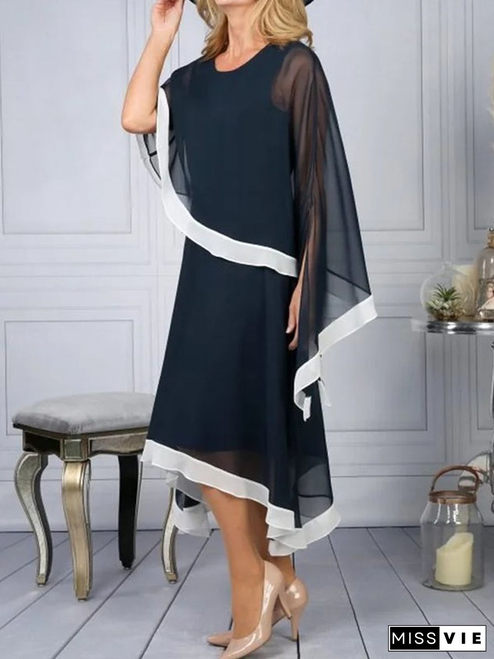 Elegant Plain Chiffon Crew Neck Dress