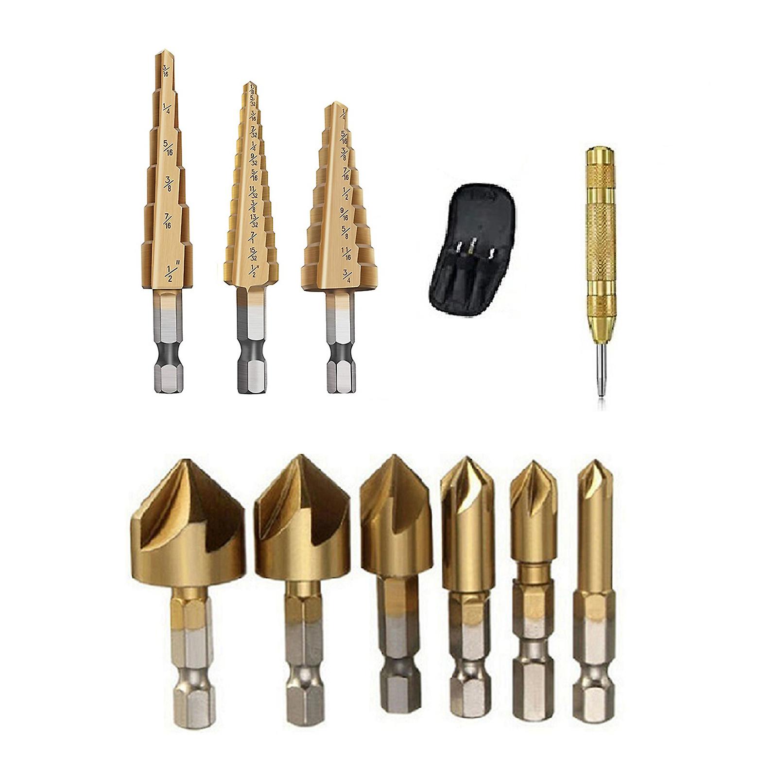 11 Pieces Step Drill Bit Set High-speed Steel Step Drill Bit Set With Automatic Spring Loaded Center Punch Countersink Drill Bit Set Storage Bag For W