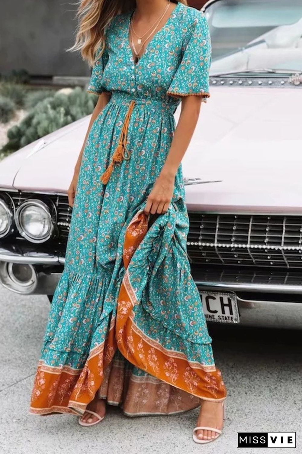 V Neck Buttoned Boho Print Maxi Dress