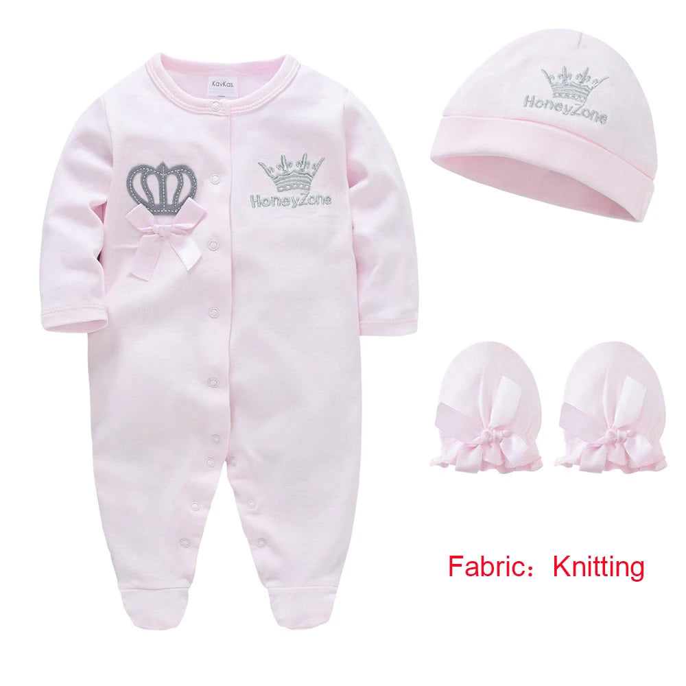 Honeyzone Baby Boy Girls Clothes Romper+Gloves+Hat 3 Pcs/lot Crown Design Cotton Bebe Clothing Long Sleeve Infant Jumpsuit