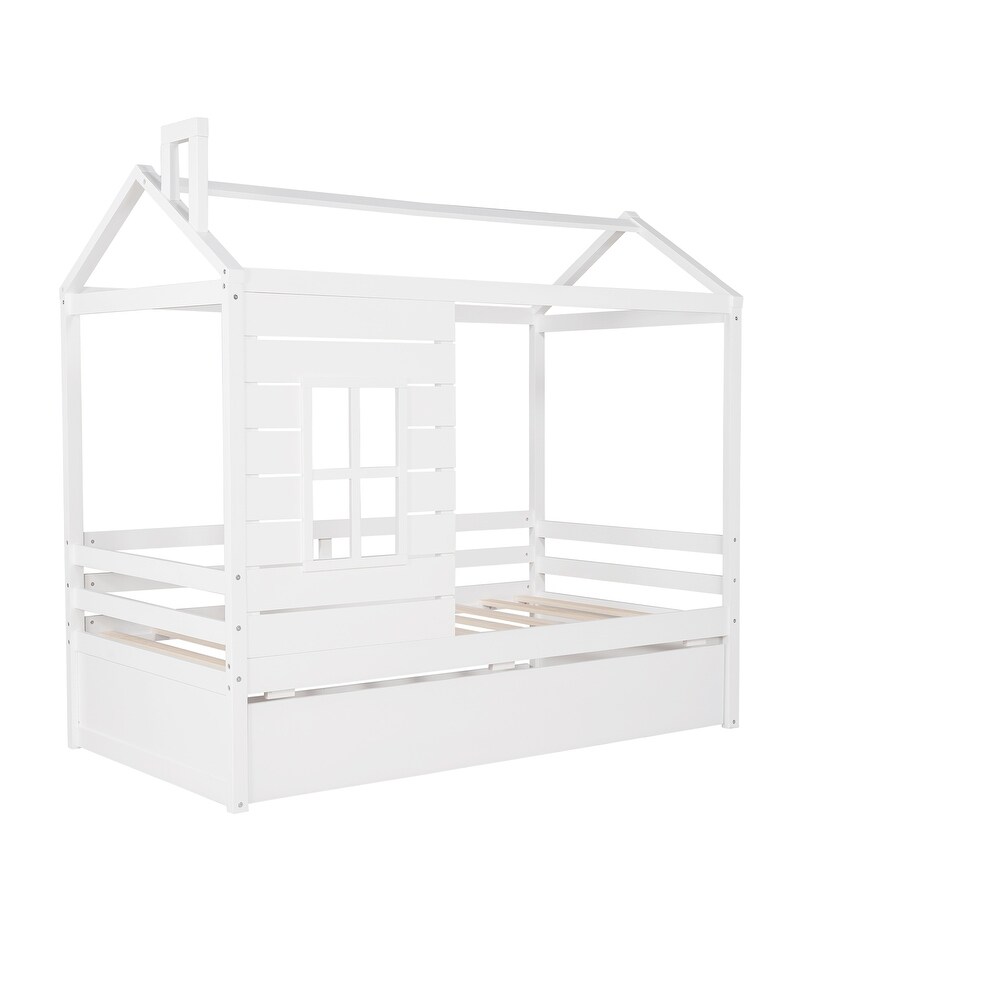 Solid Wood Twin House Bed with Trundle for Kids  White