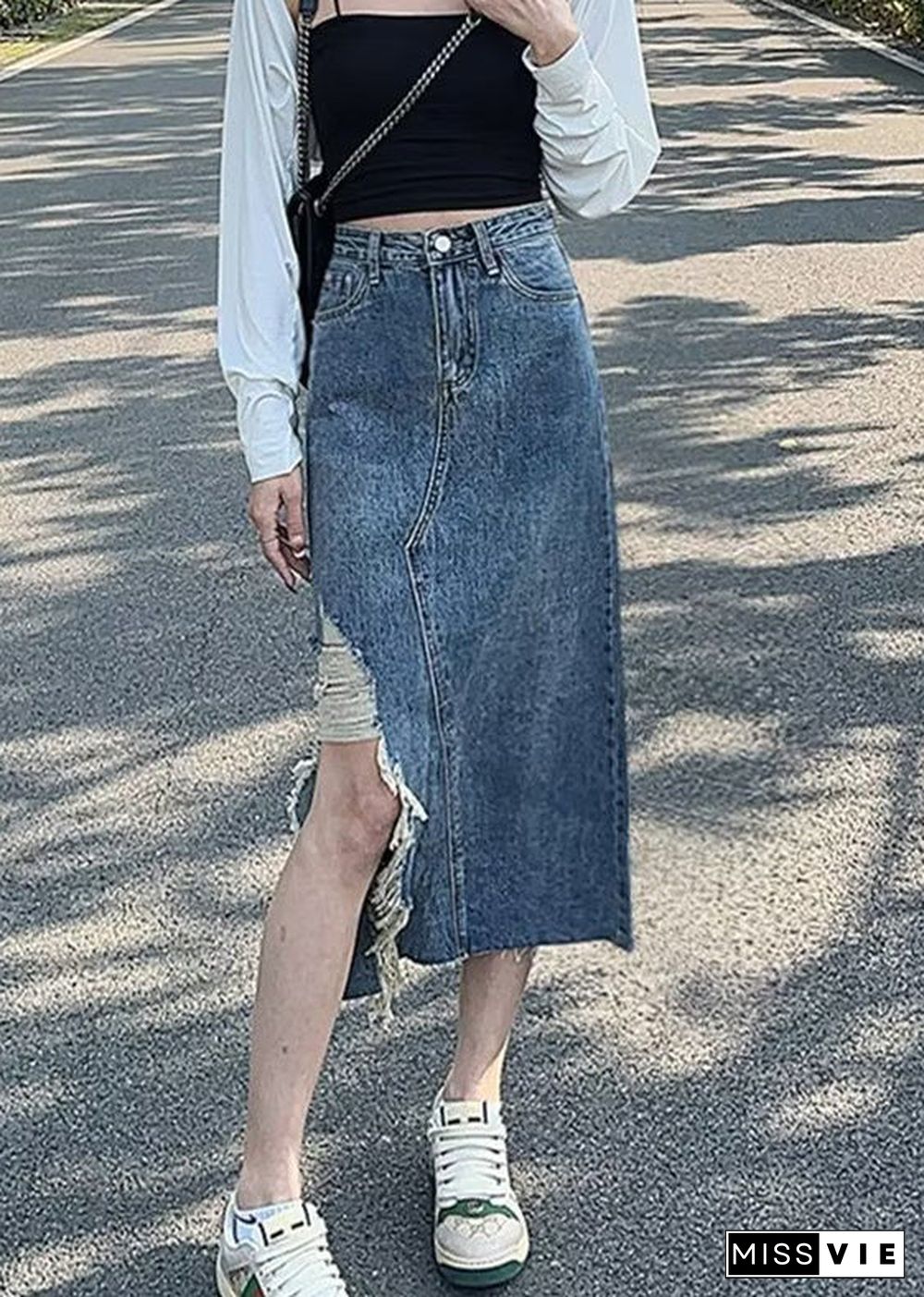 Chic Denim Blue Asymmetrical Patchwork Pockets A Line Skirt