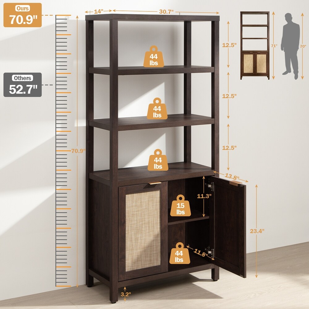 SICOTAS 5 Tier Adjustable Bookshelf with Rattan Storage Cabinet