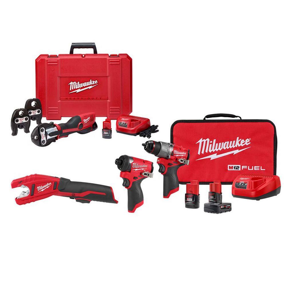 MW M12 12-Volt Lithium-Ion Force Logic Cordless Press Tool Kit with M12 FUEL Combo Kit and Copper Tubing Cutter 2473-22-3497-2471-20