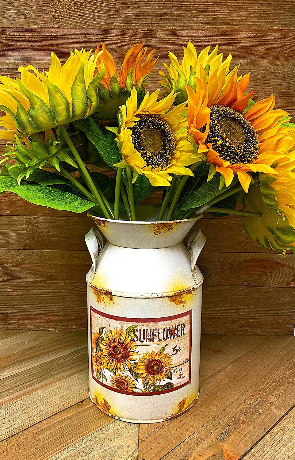 Decorative Milk Can Sunflower Designed Rustic Metal Vase Kitchen Farmhouse Decor Shelf  Counter 8.25 x 5