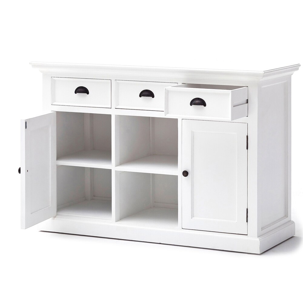 NovaSolo Halifax Coastal White Buffet with 2 Baskets  Solid Mahogany Frame  49.21 x 19.69 x 33.46   49.21 x 19.69 x 33.46