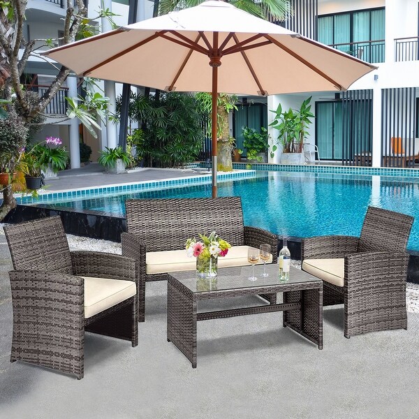 Gymax 4PCS Patio Outdoor Rattan Furniture Set Chair Loveseat Table