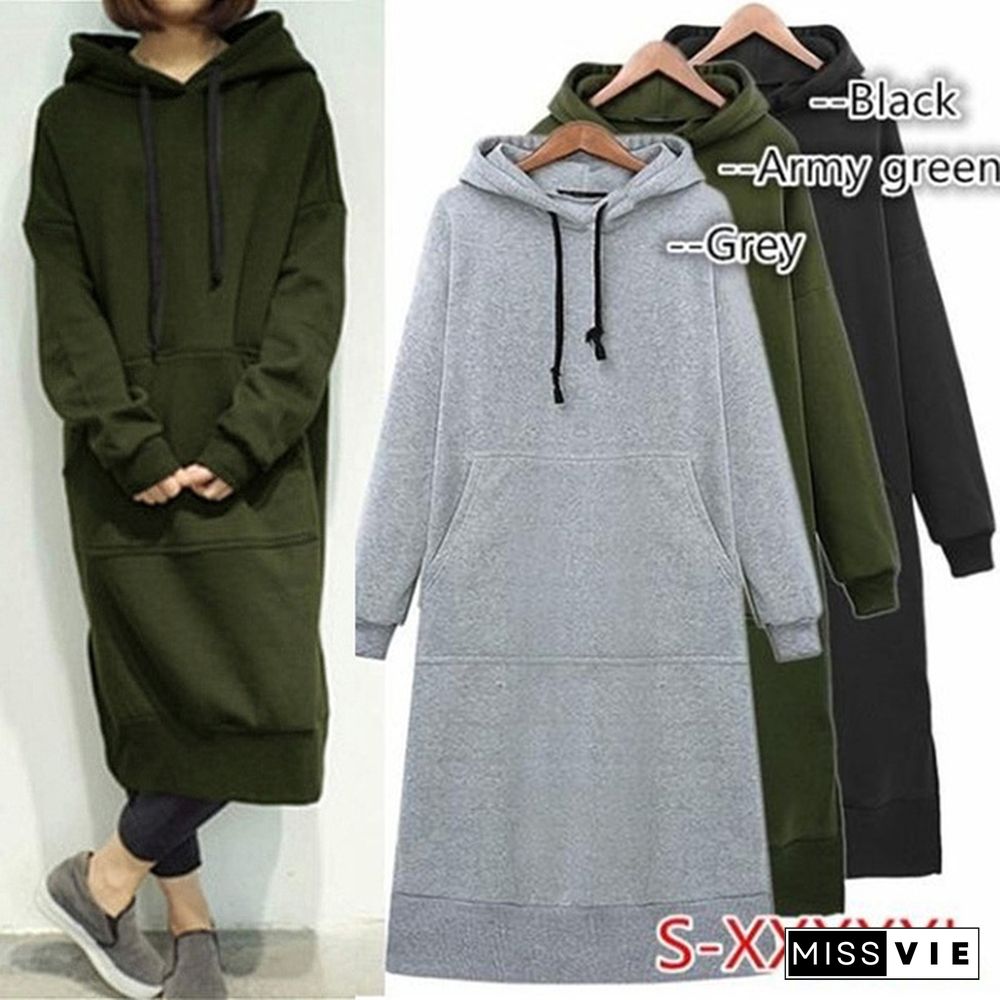 Women Autumn Winter Casual Long Hooded Pullovers Loose Fleece Long Oversized Hoodie Dress S-5XL