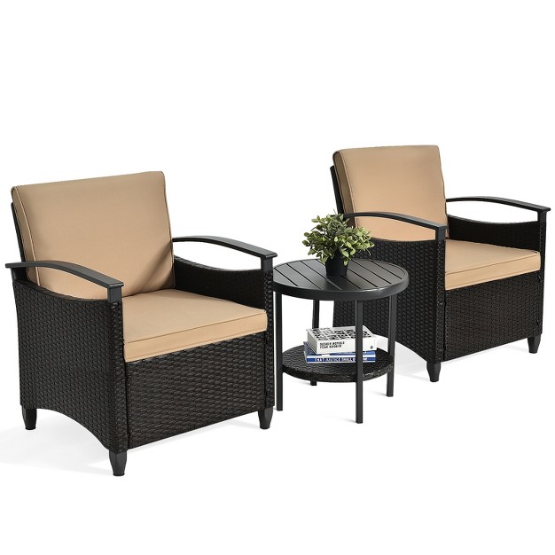 Tangkula 3 piece Rattan Sofa Chair Patio Conversation Set With Coffee Table amp Cushions