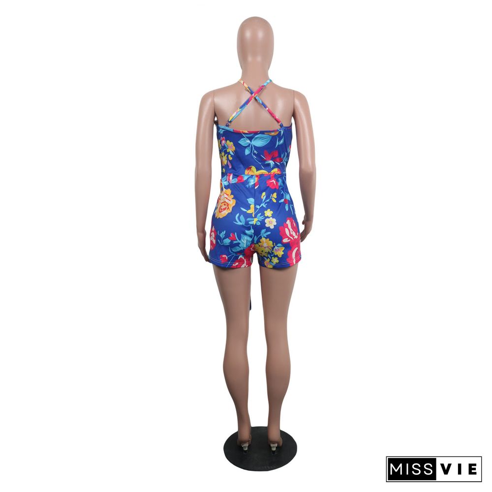 Women Holiday Floral Print V Neck Sleeveless Summer Bandage Beach Halter Neck Skinny Rompers