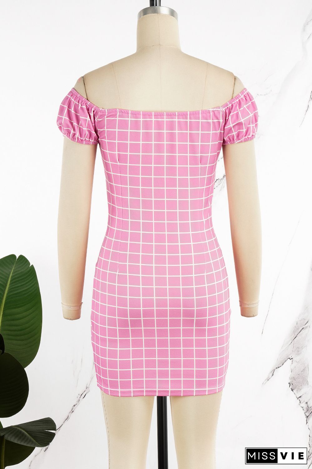 Pink Casual Plaid Print Patchwork Frenulum V Neck Short Sleeve Dress