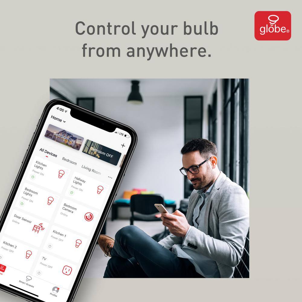 Globe Electric Wi-Fi Smart 60W Equivalent Color Changing RBG Tunable White LED Light Bulb No Hub Required A19 E26 (2-Pack) 34207