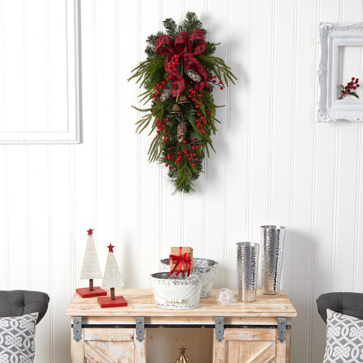 24'' Holiday Christmas Wreath with Pinecones, Berries & Bells