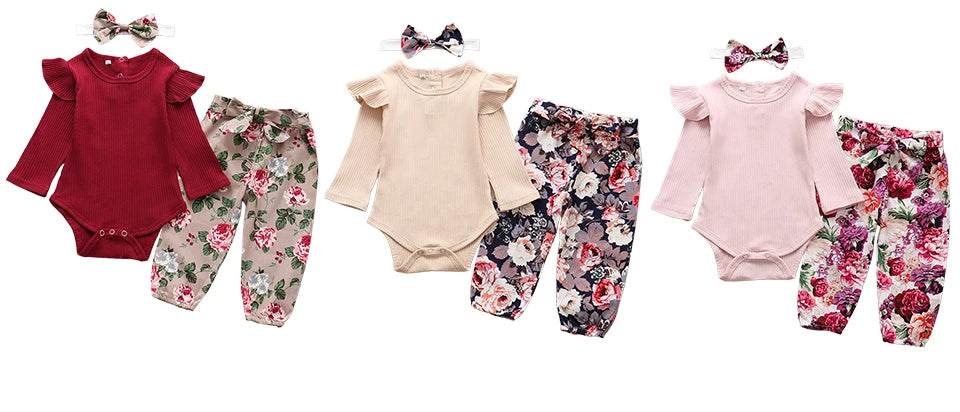 Autumn Baby Girl Clothes Sets Fashion Toddler Outfits Long Sleeve Tops Flower Pants Headband Cute 3Pcs Newborn Infant Clothing