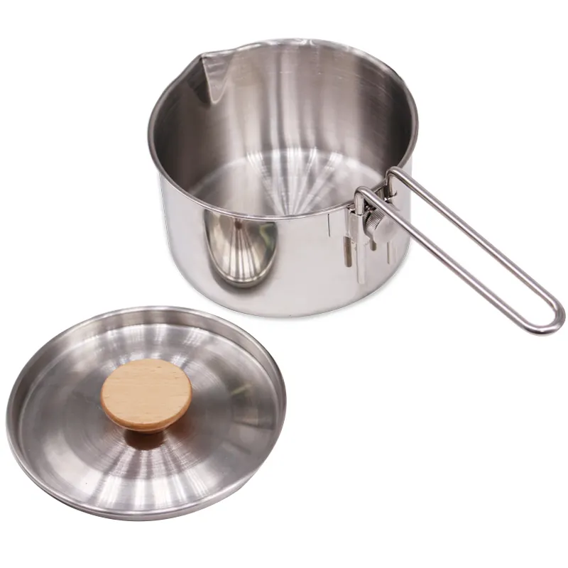 Stainless Steel 1.2L Portable Wood Handle Bushcraft Outdoor Cooking Pot Cookware for Survival